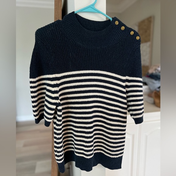 Anthropologie Maeve Divendra Navy Stripe French Blouse Gold Buttons Sz L - Picture 9 of 10